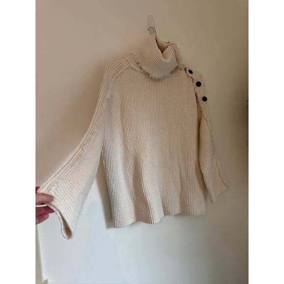Free People Boho Turtle Neck Button Chunky Knit Sweater - Cream - Picture 1 of 10